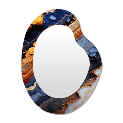 Oxfordshire Blue and orange Tourmaline stone - Stone Geode Unique Shape Decorative Mirror, Blue Freeform Wall Mirror, Printed Metal Art
