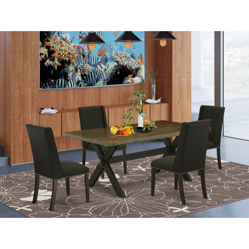 5 Piece Dining Room Furniture Set Includes a Rectangle Dining Table with X-Legs and 4 Black Linen Fabric Parsons Chairs, Wire brushed Black