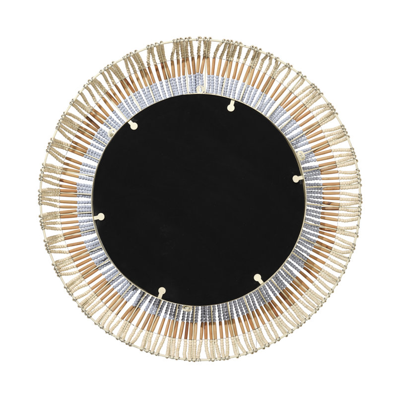 Natural Blue Hand-Carved Beaded Round Wall Mirror