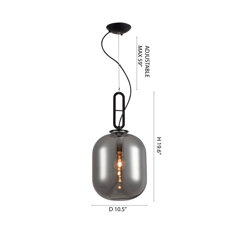 Luminaire suspendu en métal noir 1 lumière avec abat-jour en verre fumé, Fumée