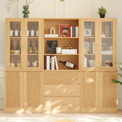 71" H X 70.9" W Bookcase Cabinet With Glass Doors & Open Shelves, 3-Tier Modern Bookshelf (2A+B)