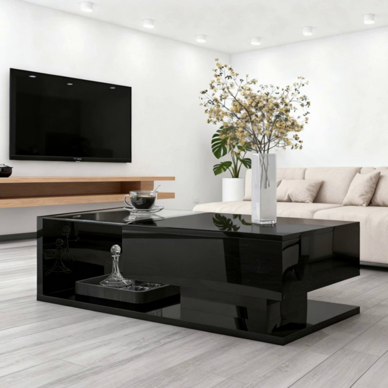 Table basse moderne avec verre trempé, Noir