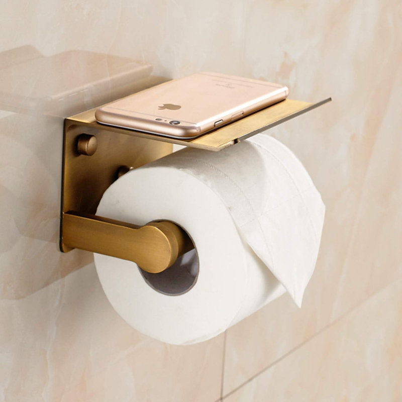 Porte-papier hygiénique mural avec tablette pour téléphone - Support à papier hygiénique durable en acier inoxydable, Doré