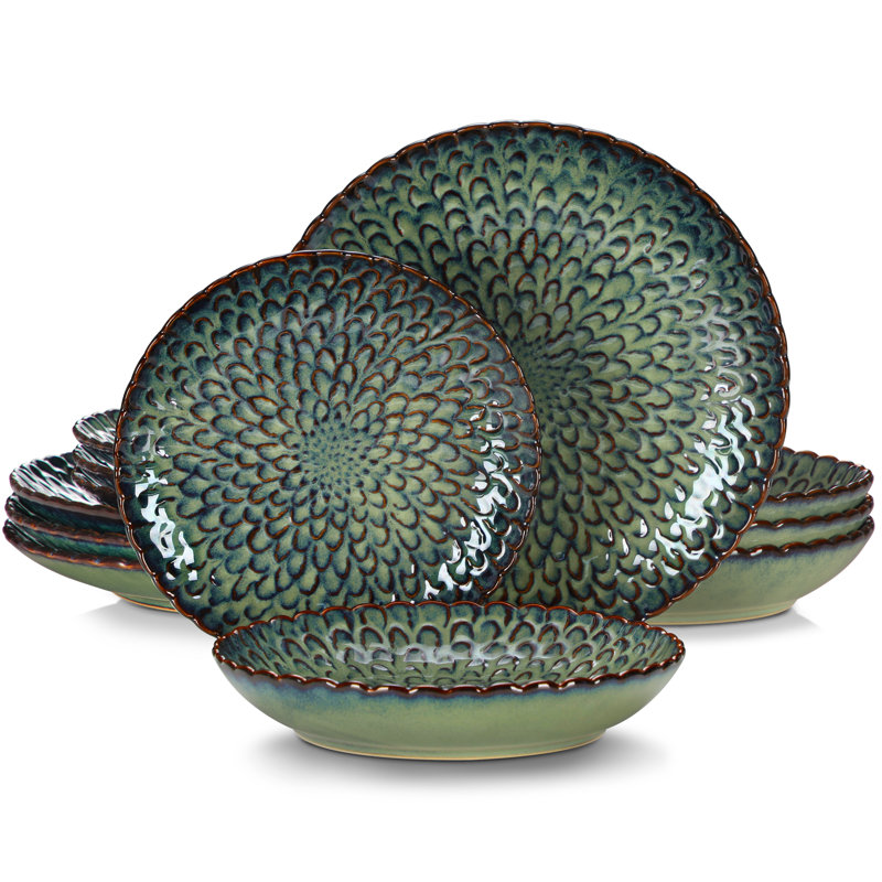  Chrys Stoneware Dinner Service Set For 4 People, 12-piece Crockery Set With Flat Plate, Soup Plate And Cake Plate, Green