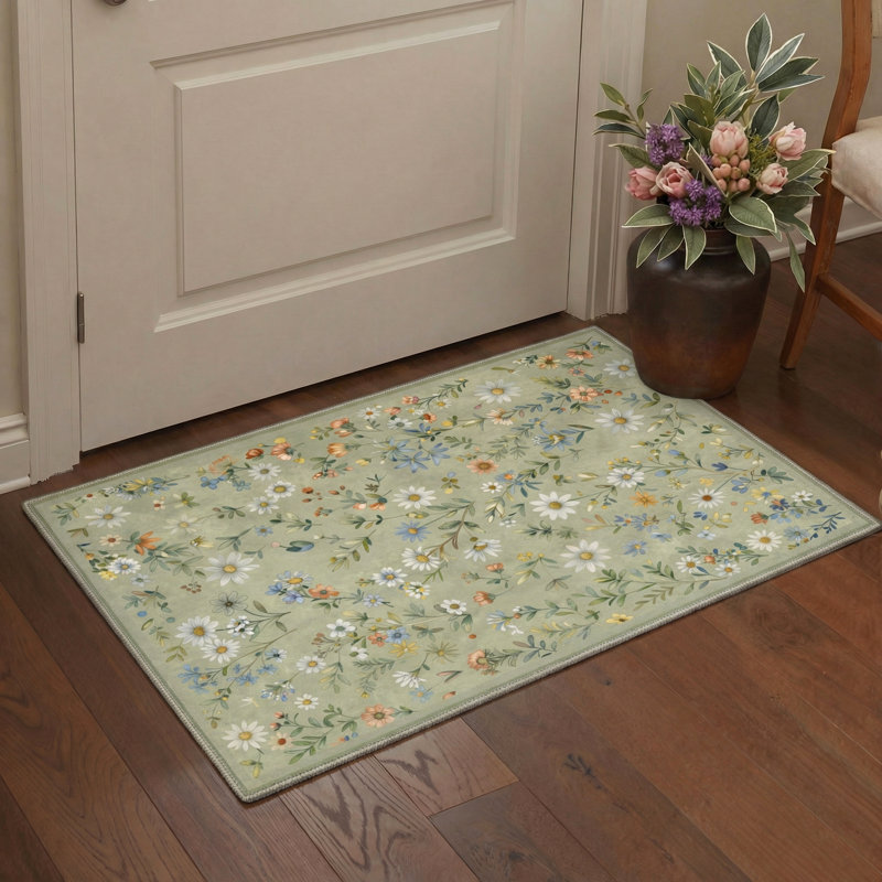 Cogswell Botanica Floral Machine Washable Green / White / Blue Indoor Area Rug with Non-Slip Backing, Rectangle 5' x 7'
