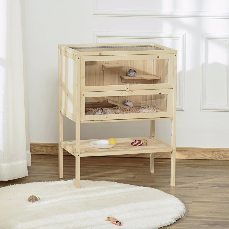 Cage à 3 niveaux en bois avec cage à hamster