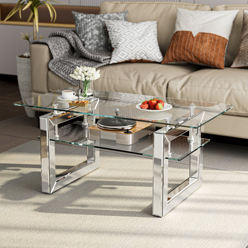 Glass Coffee Table With 2 Tier Glass Boards & Sturdy Metal Legs, Mirrored Clear Rectangle Glass End Table Coffee Tea Table For Home Office