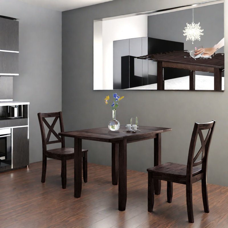 Ensemble de table de salle à manger 3 pièces peu encombrant avec rangement, bois massif, finition espresso moderne