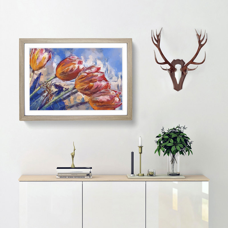 Tulips in Spring in Abstract - Picture Frame Painting Print, Oak, 40cm H x 60cm W x 2cm D