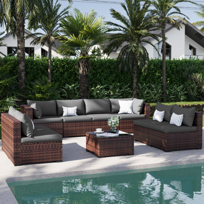 Ensemble de conversation modulaire en rotin PE 9 pièces pour l'extérieur, grand ensemble de meubles de patio avec structure en acier antirouille, canapé modulaire d'extérieur avec table basse pour terrasse