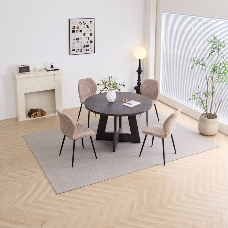 5 Piece 47'' Round Dining Table Set For 4, Farmhouse Kitchen Table With 4 Boucle Modern Dinning Room Chairs, Gray