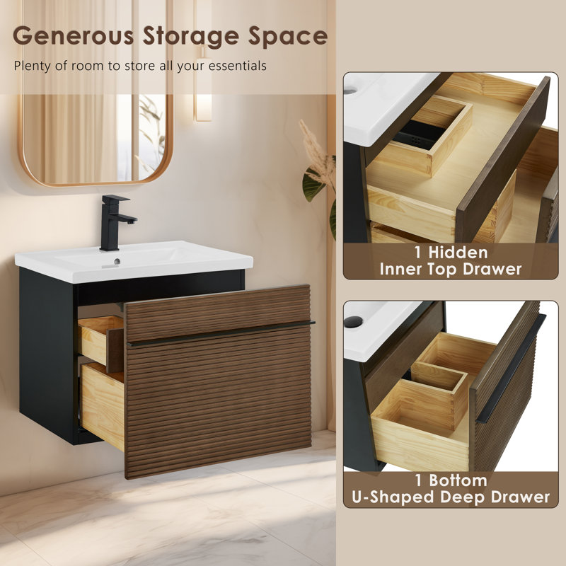 Barham 24" Floating & Wall-Mounted Single Bathroom Vanity In Shadow Walnut With Ceramic Integrated Sink And Countertop