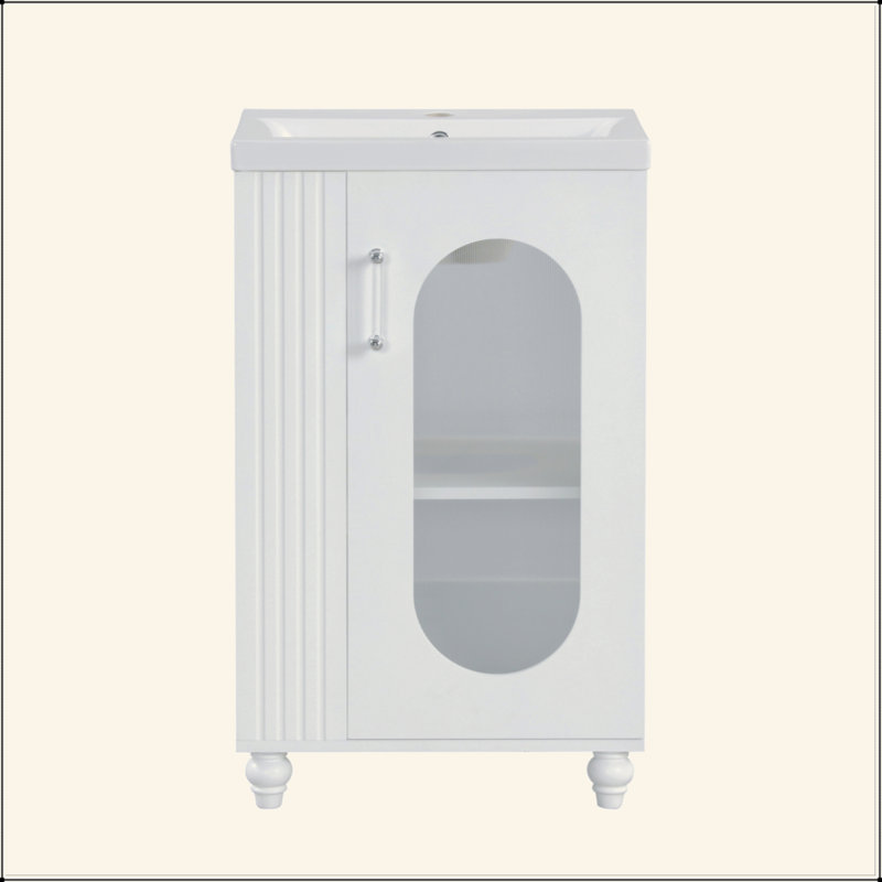 Meuble-lavabo de 20 po avec lavabo, meuble-lavabo avec tablette à deux niveaux, tablette réglable, bois massif et panneau de fibres à densité moyenne