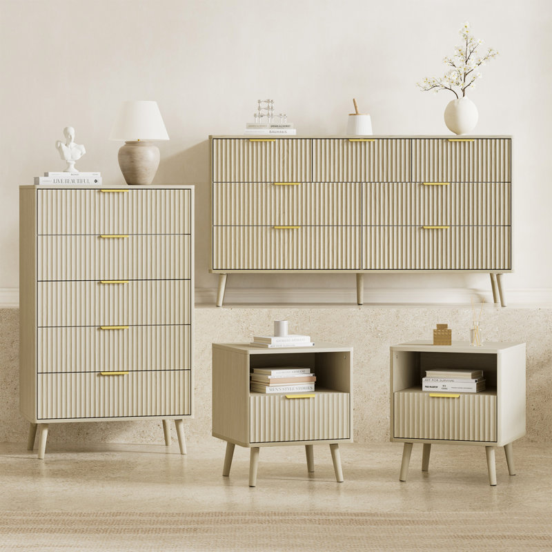 4 Piece Bedroom Set, Dresser And Nightstands Set, Cream