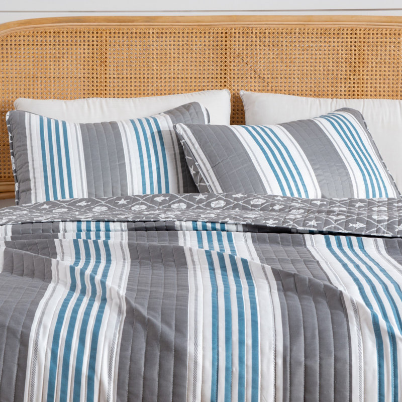 Blue and Gray Coastal Reversible Microfiber Full Quilt Set