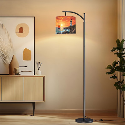 Arc Floor Lamp with Adjustable Lampshade Lighthouse Rocky Coast Red Sailboat Sunset Coastal Summer Standing Lamp 3 Color Temperatures Dimmable Tall Pole Lamp with Foot Switch for Bedroom