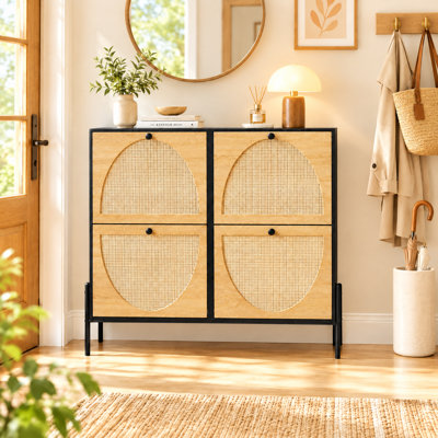 Armoire de rangement pour chaussures avec portes en rotin, 4 tiroirs rabattables pour le vestibule