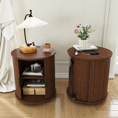 Tables de chevet en bois de noyer avec ports de charge, conception cylindrique moderne, parfait pour les chambres à coucher