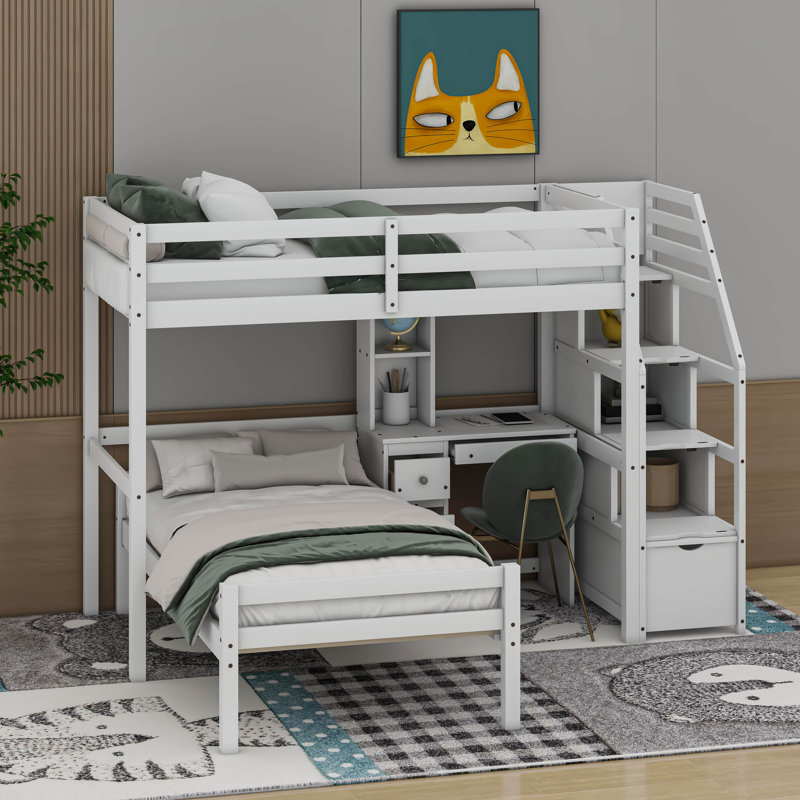 Kids Twin Loft Bed with Drawers, White