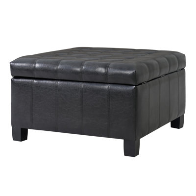  30.25" Square Storage Ottoman, Button Tufted PU Leather Coffee Table Footstool with Lift Top and Wood Legs, Black