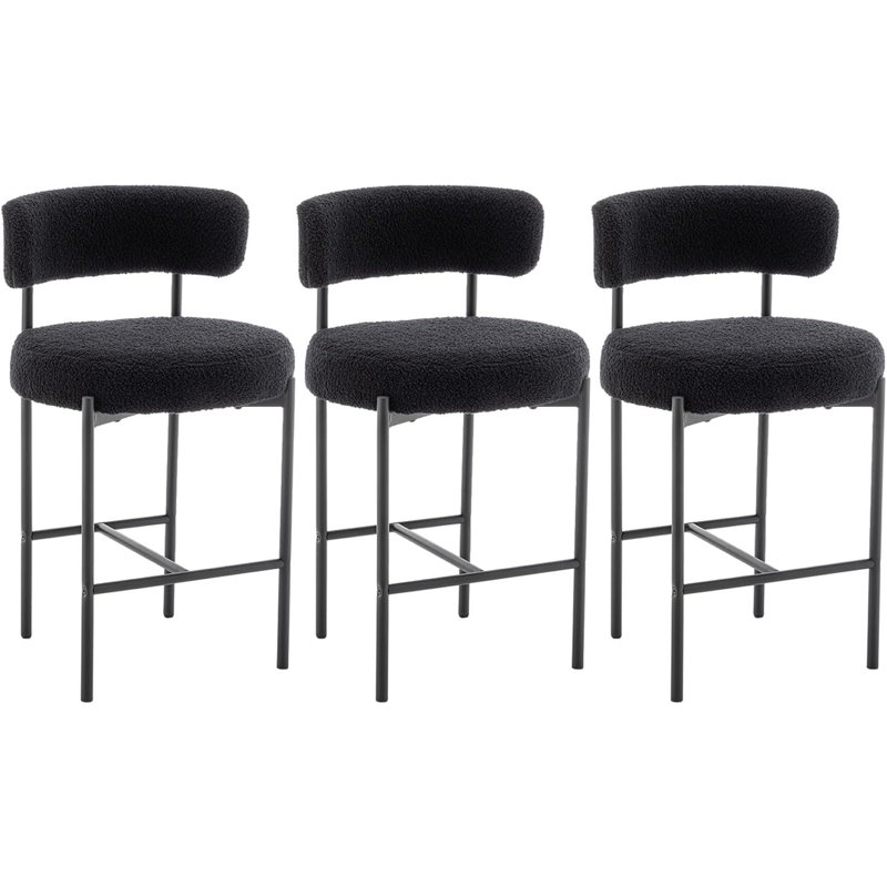 Boucle Bar Stools Set Of 3, 24" Modern Counter Stools With Backs, Upholstered Barstools For Kitchen Island, Bar, Cafe, Black