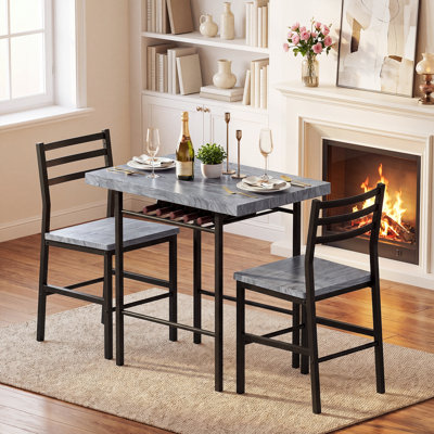 3 Piece Dining Table Set for 2, 31.5 Inch Compact Kitchen Table with 2 Chairs, Space Saving Dinette Set with Built-in Wine Rack, MDF Top with Metal Frame, for Small Spaces, Apartment, Breakfast Nook