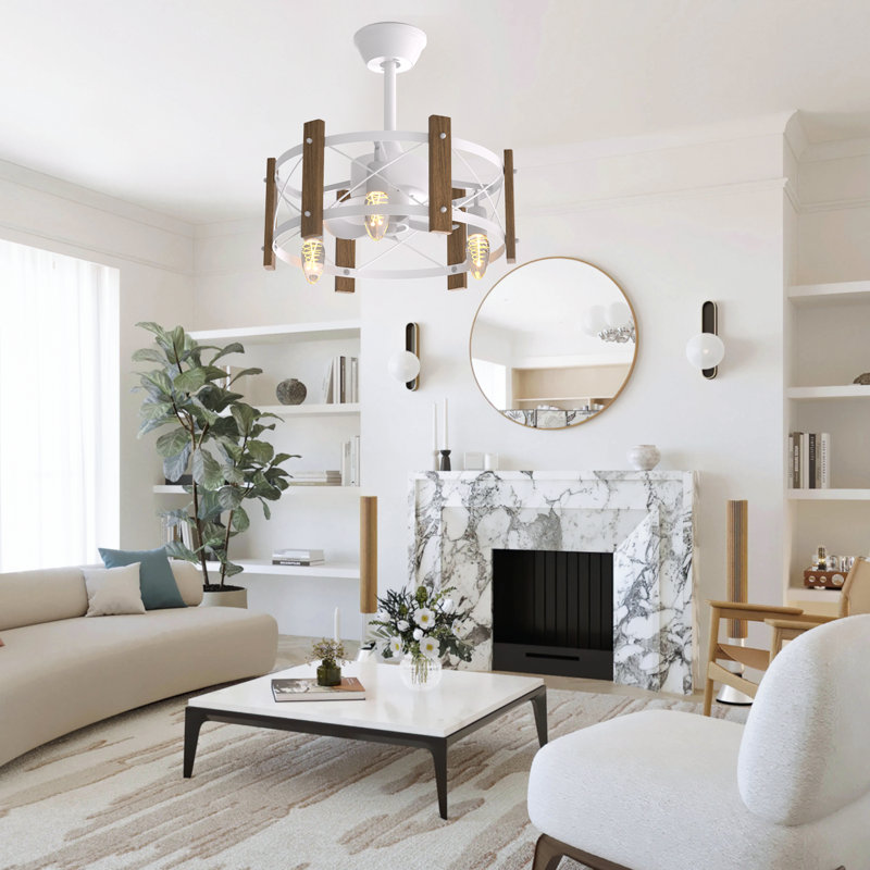 White and Brown Rustic Low Profile Ceiling Fan with LED Light