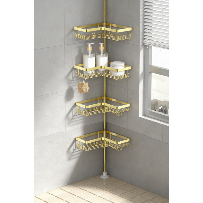 Adjustable Tension Pole Shower Caddy, 4-Tier Corner Bathroom Organizer With No Drilling Installation, Floor To Ceiling Adjustable Shampoo And Bath Product Holder For Space Saving Storage