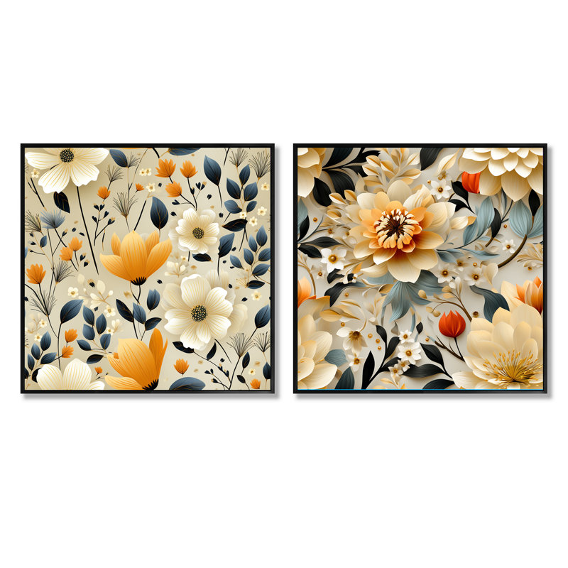 White Blossoms In Paradise III - Ensemble de 2 collages carrés botaniques abstraits, Cadre flottant noir, H 16 po x l 33 po