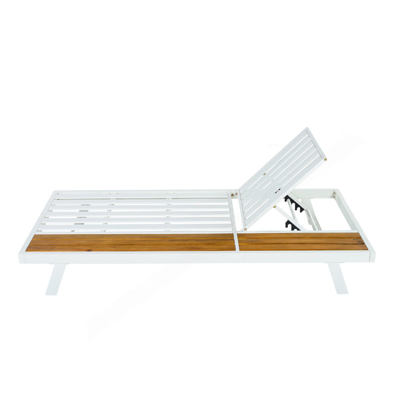 Structure de chaise longue en fer blanc + finition teck, fauteuil inclinable d'extérieur en fer + bois d'acacia avec surface de rangement plate, capacité de 400 lb, dossier réglable pour la terrasse de la piscine