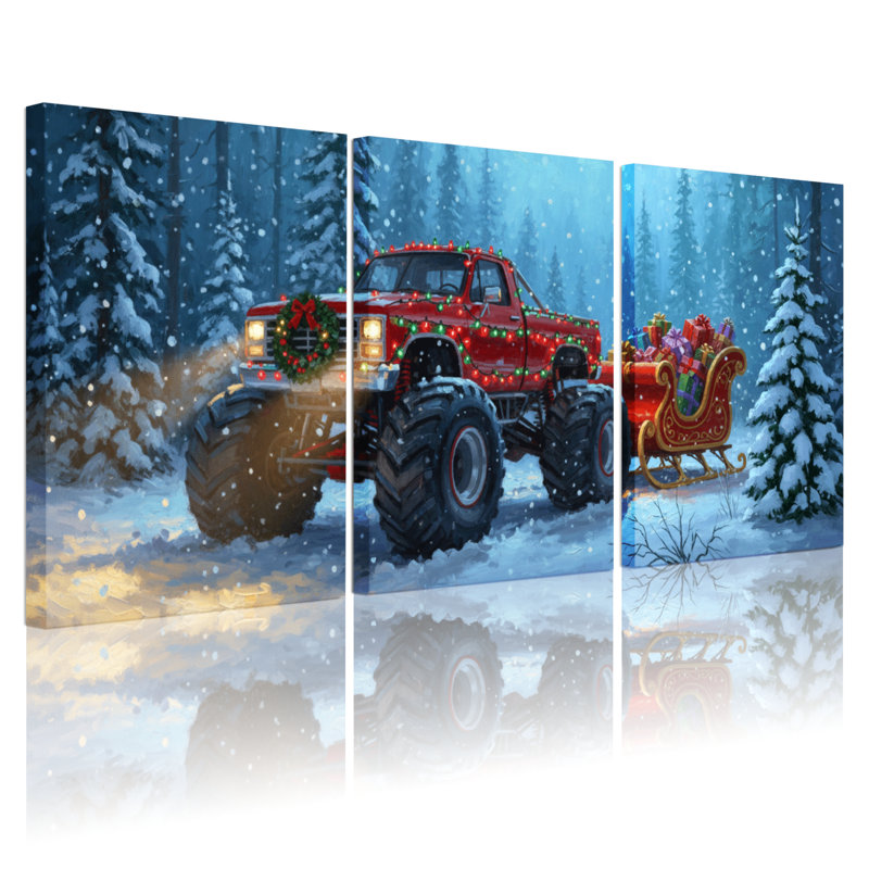Camion de Noël de Noël tirant un traîneau dans la forêt enneigée, ensemble de 3 impressions d'art sur toile, 18" H x 36" W