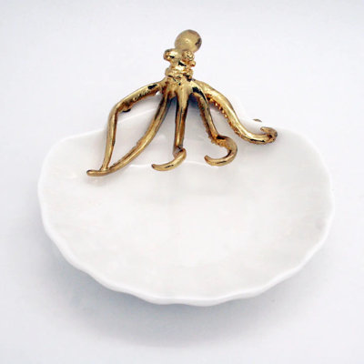 White Ceramic Shell Tray with Gold Pewter Octopus