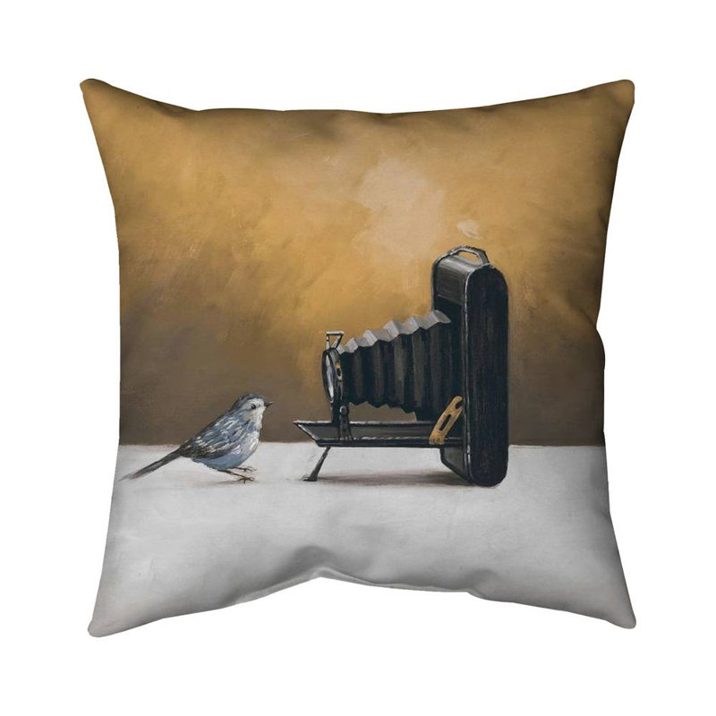 Old camera with bird - 16"x16" Outdoors Throw pillow - Spun poly - Print on demand