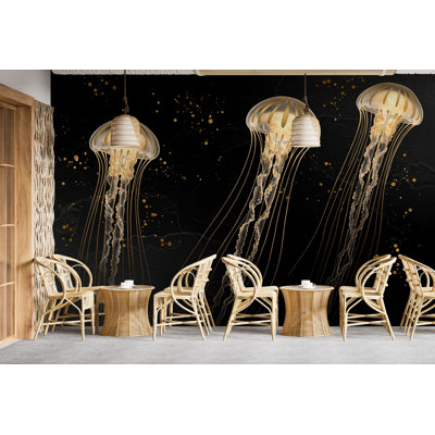 Gold Jellyfish Restaurant Watercolor Wall Mural – Underwater Coral Peel Stick Decor Ocean Wall Decal, Fish Art Kids Room Or Nursery (Non-Woven) 1000RS