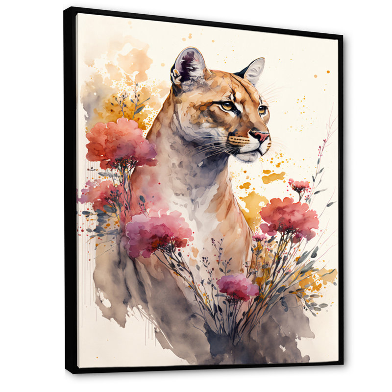«Cute Puma Floral Art III», peinture sur toile, H 20 po x l 12 po x P 1 po, Toile avec cadre flottant noir