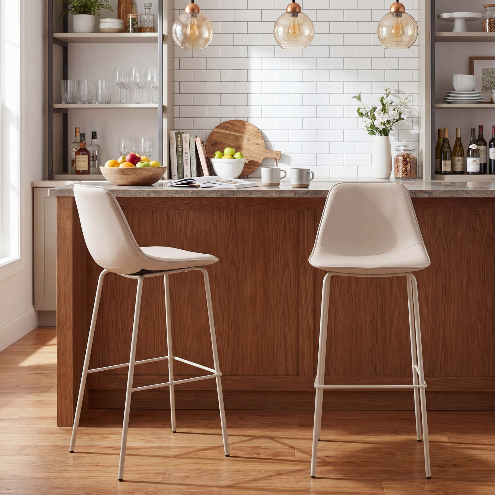 Kavi 30" Bar Stool, Bar Stool (30" Seat Height), Gray Beige Faux Leather