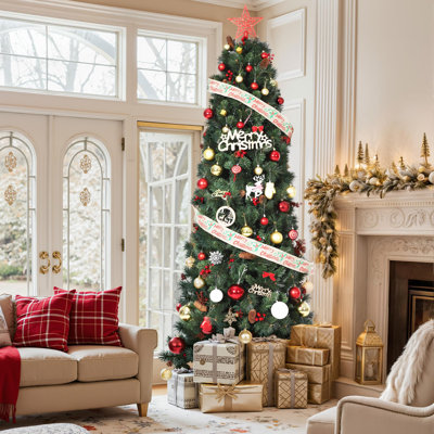 7ft Pre-Decorated Artificial Christmas Tree - Pine Cones & Red Berries - Realistic Branch Advice - Metal Stand Included - For Home, Office or Shop