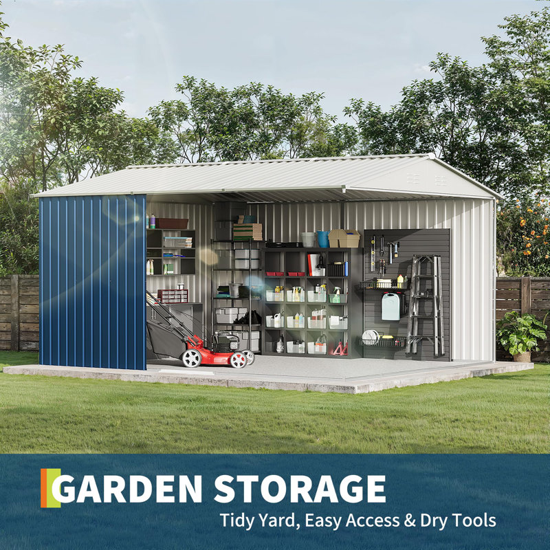 Remise de rangement extérieure 12 * 10 pi avec structure de cadre actualisée pour pelouse de jardin, Bleu