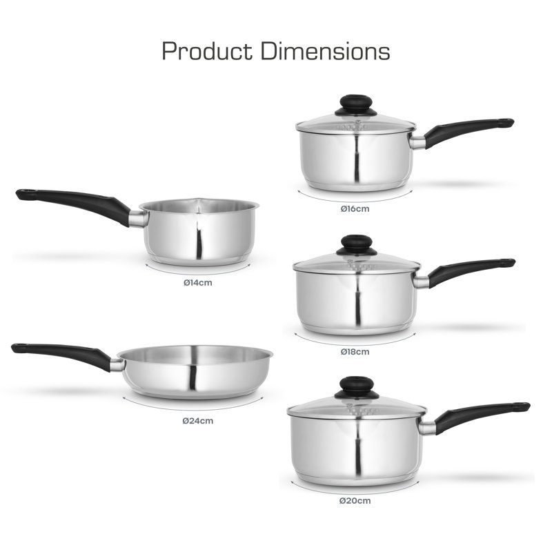 Swan Townhouse 5 Piece Stainless Steel Cookware Set with 16/18/20cm saucepans with Glass Lids, 14cm Milk Pan, 24cm Frying Pan, Suitable for All Hob Types