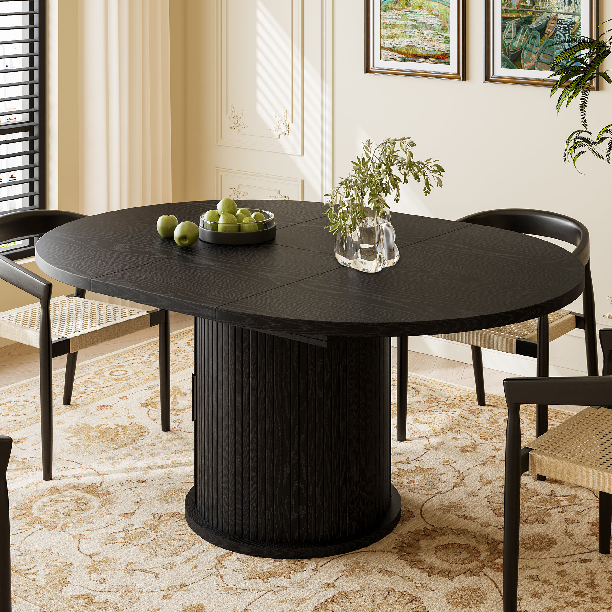 43.3"-59" Round Extendable Dining Table for 4-6, Oval Kitchen Dining Table with Storage, Pedestal Dining Table - Black