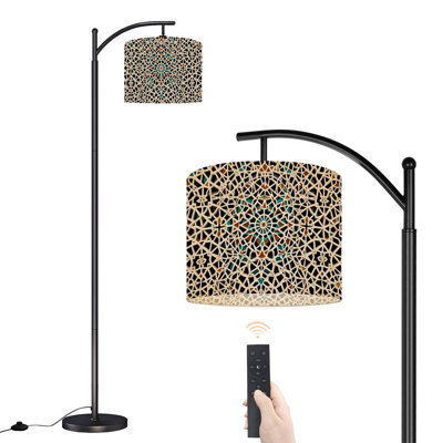 Arc Floor Lamp Intricate Wood Carved Floral Motifs Geometric Design Floor Lamps with Remote LED Lights Adjustable Lamp Shades Tall Standing Lamps for Reading Office Living Room
