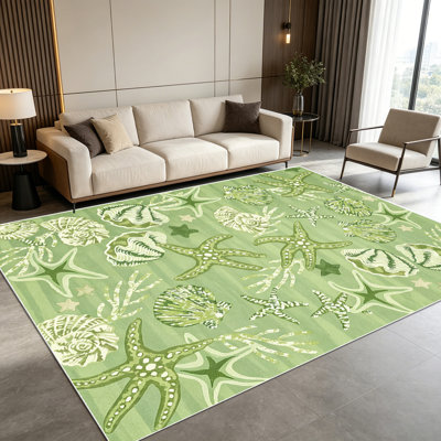 1PC Sage Green Coastal Nautical Ocean Starfish Seashell area rugs for Living Room, Soft and Comfortable, easy-to-maintain, machine washable Indoor floor mat suitable for entryway, bedroom, dining area, patio, porch, balcony, laundry room.