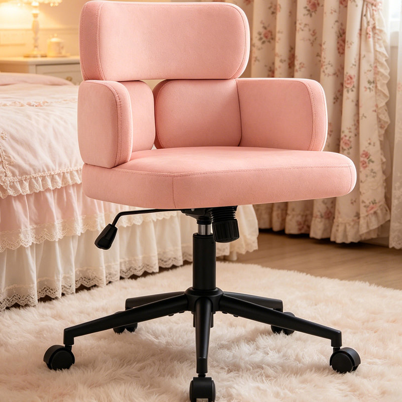 Upholstered Swivel & Adjustable Height Office Chair, Clover-shaped Desk Chair with Armrest, Pink