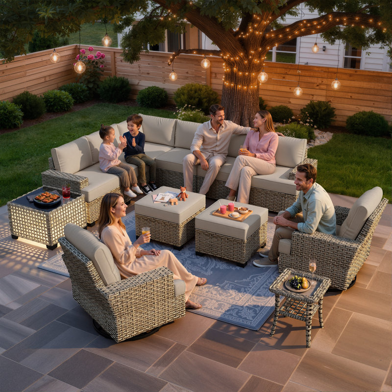Tommy Wicker 10 - Person Outdoor Wicker Patio Conversation Furniture Set With Rocking Swivel Chairs, No, Beige