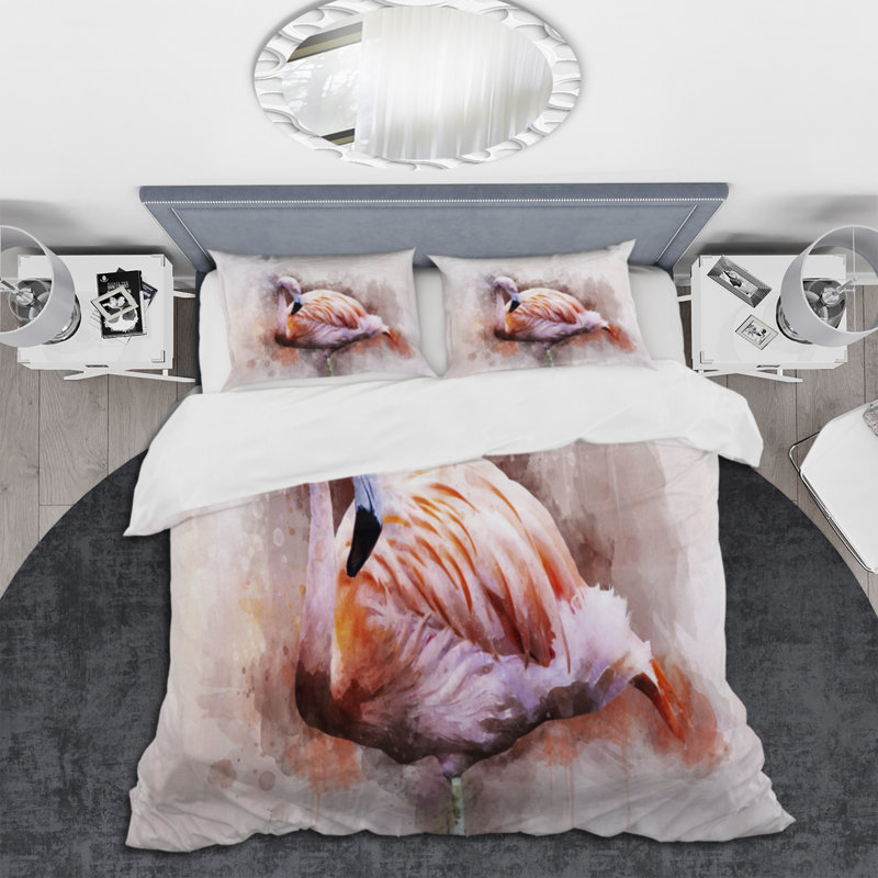 Portrait of Pink Flamingo III - Ensemble de housse de couette Farmhouse - Microfibre de polyester