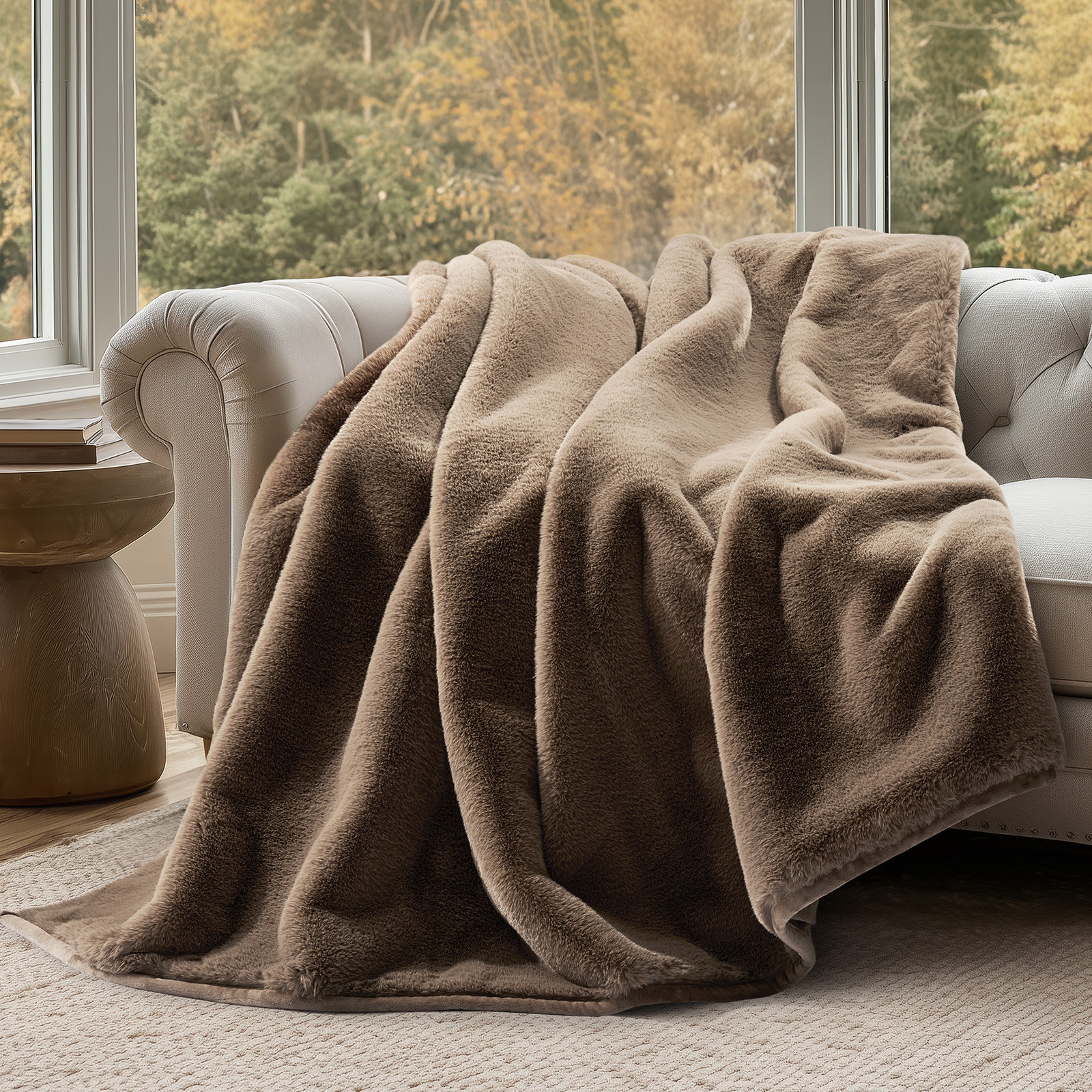 Luxury Mink Faux Fur Throw Blanket, 50" W x 60" L, Natural Tan