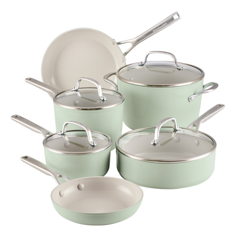 Kitchenaid Hard-Anodized Ceramic Induction Cookware Set, 10 Piece, Agave, Green