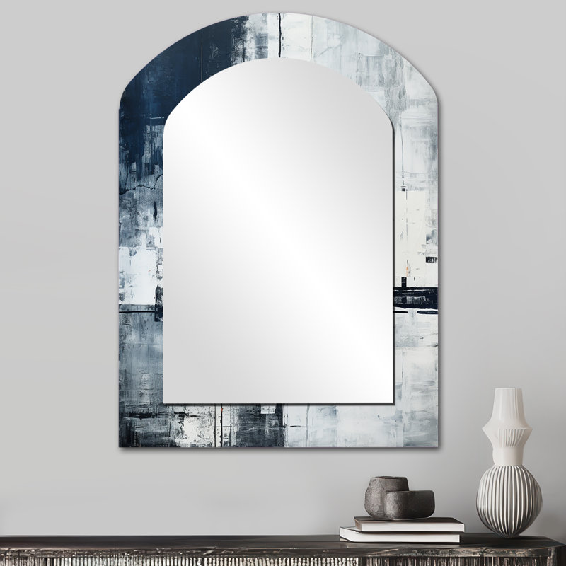 Black And White Cityscape Road Expression IV - Modern Arch Wall Mirror, 34" x 25"