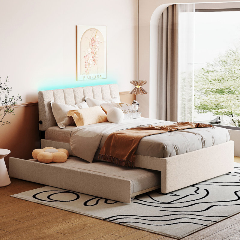 Lit plateforme tapissier grand avec lit gigogne simple TG Teddy, Lit double