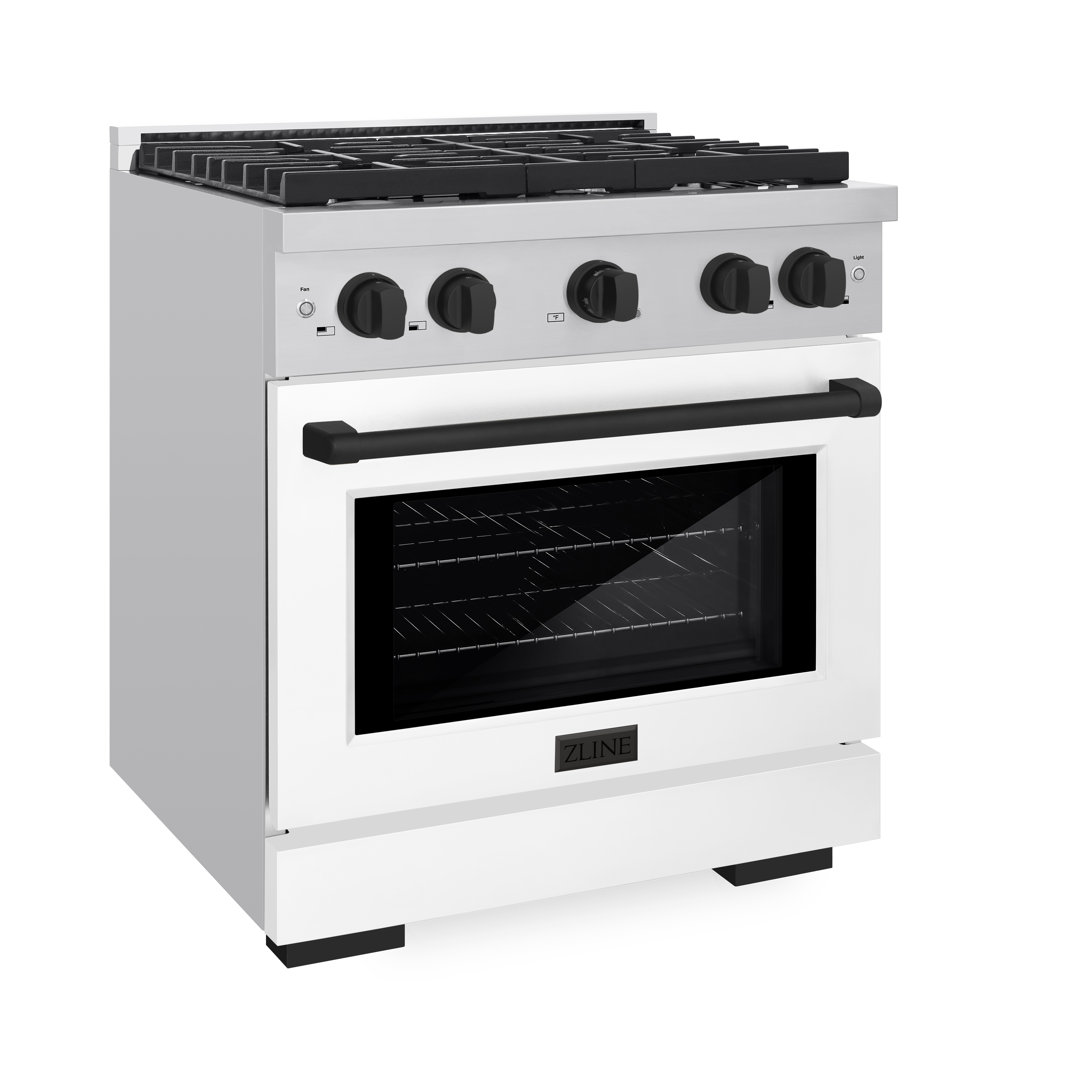 ZLINE Autograph Edition 30 in. 4.2 cu. ft. Paramount Gas Range W/ 4 Burner Cooktop & Convection Gas Oven in Stainless Steel W/ White Matte Door & Matte Black Accents (SGRZ-WM-30-MB) ZLINE